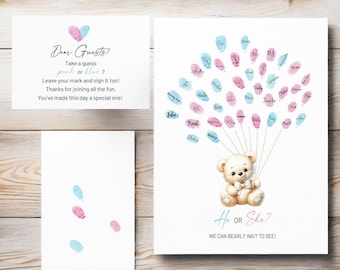 Bear Gender Reveal Guest Book: Fingerprint Balloons (Instant Download)