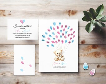 Teddy Bear Gender Reveal Guest Book: Fingerprint Balloons (JPEG Instant Download)