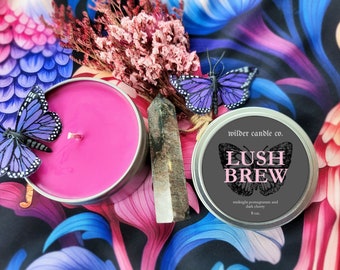 LUSH BREW - Black Cherry Merlot and Midnight Pomegranate | Moody Candles | 8oz Soy Candles | Witchy Candles | Bookish Candles | Candle Gifts