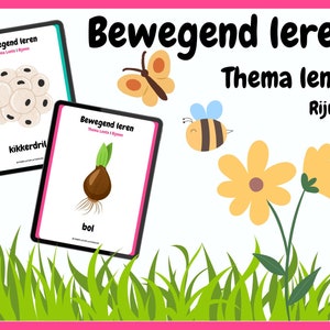May include: Two colourful cards with the text "Bewegend leren" and "Thema Lente" on a white background. The cards feature illustrations of a frog egg and a bulb. The cards are surrounded by green grass and a pink border.