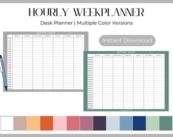 Horizontale uurweekplanner - blanco versie en verschillende kleuropties - 12 uur en 24 uur - afdrukbare PDF