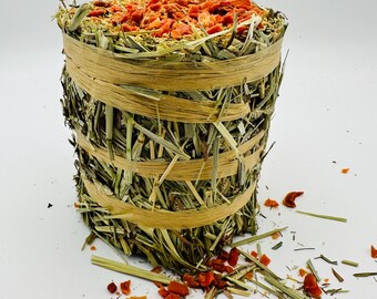 Carrot topped Hay roll treat for Rabbits, Guinea Pigs