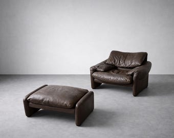 Leather Maralunga Armchair and Ottoman by Vico Magistretti for Cassina, 1970s, Italy