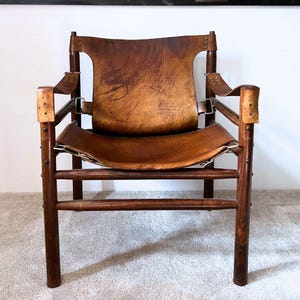 Buffalo Leather Safari Armchair in the style of Arne Norell, 1970s / Vintage Brown Leather Armchair / Mid Century Lounge chair