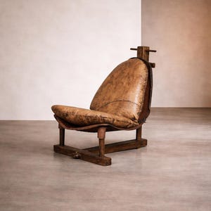 Buffalo Leather Lounge Chair with Rich Patina, Brazil, 1960s, Brutalist Vintage Chair