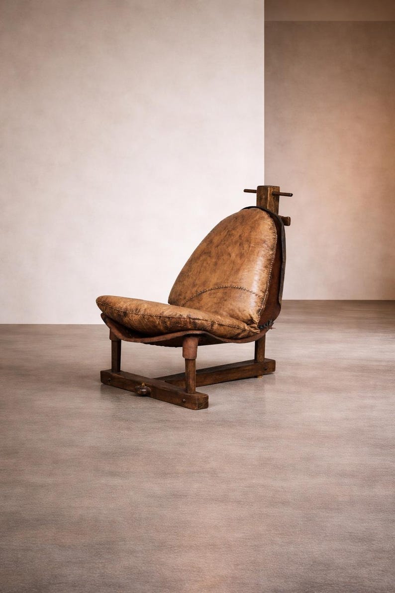 Buffalo Leather Lounge Chair with Rich Patina, Brazil, 1960s, Brutalist Vintage Chair image 1