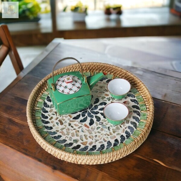 Rattan shell tray,Mother pearl serving trays,Woven serving trays,Rattan coffee trays,Floral serving tray,Round coffee tray,Rustic tray decor