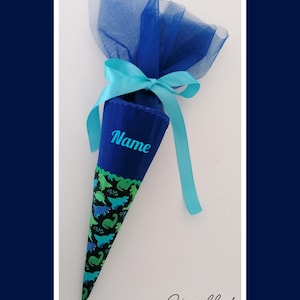 Geschwister Schultüte Zuckertüte Kindergartentüte Geschwisterschultüte Stoff Dinos Dinosaurier blau 35 cm inkl. Papprohling Personalisierbar