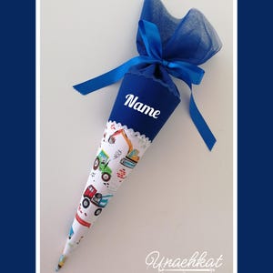 Geschwister Schultüte Zuckertüte Stoff Kindergartentüte  Fahrzeuge Baufahrzeuge Bagger Traktor usw. 35 cm inkl. Papprohling personalisierbar