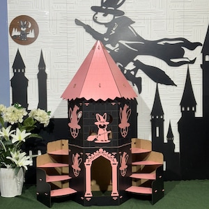Large Wizard Rabbit Tower – Medieval Bunny Castle | Enchanted Black & Pink Bunny House