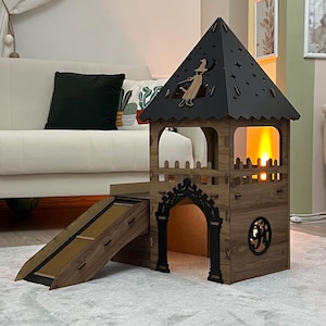 Wizardry Cat Tower Playhouse: Two-Story Castle with Secret Room - Oak Black Cat House