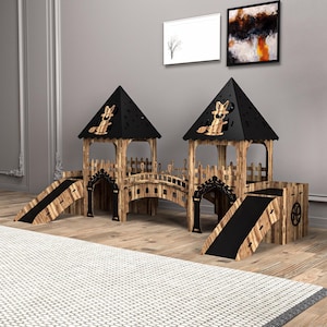 Wizard’s Twin Tower Bunny Castle | Two-Story Rabbit Playhouse with Bridge & Secret Room – Oak Black