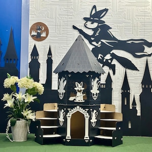 Large Wizard Rabbit Tower – Medieval Bunny Castle | Enchanted Black & White Pet House