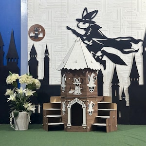 Enchanted Oak & White Bunny Castle: Medieval Rabbit Hutch with Stairs