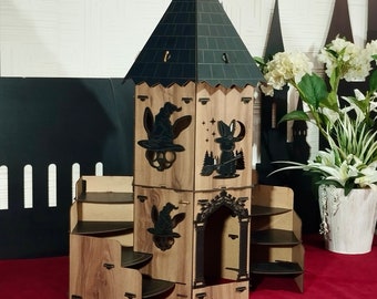 Enchanted Wizard Rabbit Tower: Gothic Bunny Castle Hideaway - Oak & Black / Medium Size