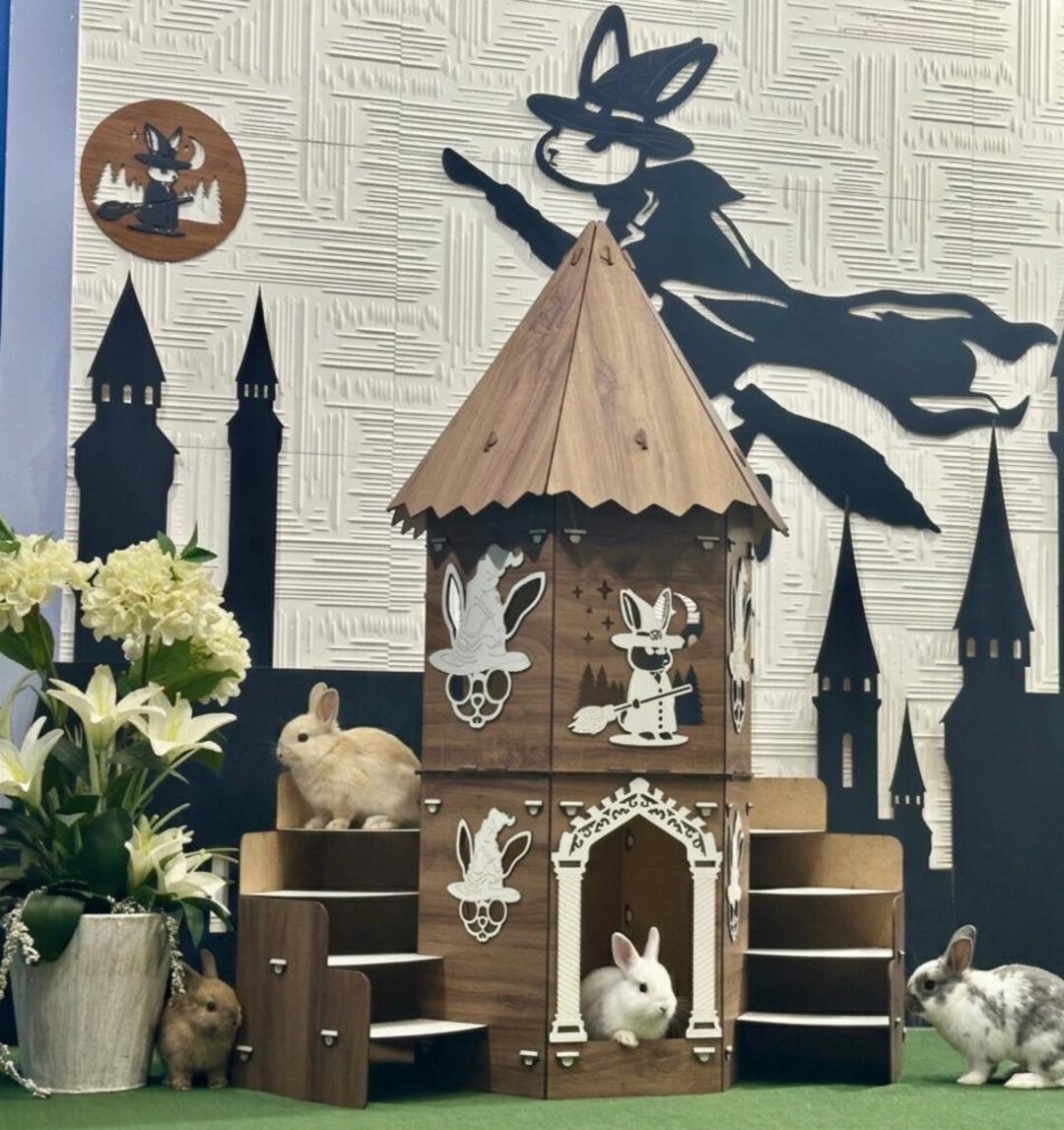Stacked Rabbit Tower Gothic Bunny Castle Tower, Wooden Rabbit Playhouse, Enchanted Bunny ...