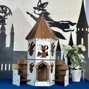 Wizard Bunny Tower Castle: Medieval Rabbit Hutch - White Walnut Finish