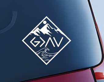 Christian Car Decal: God is Greater, Mountain & Waves Vinyl Sticker