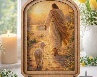 Jesus Lamb Shelf Sitter, The Lord Our Shepherd Decor, Christian Wood Sign, Psalm 23 Decor, Farmhouse Faith Decor, Religious Gift