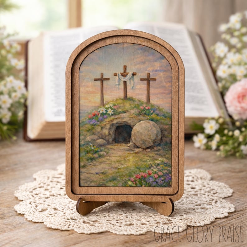 Resurrection Shelf Sitter, Easter Christian Decor, Biblical Empty Tomb Crosses Art, Religious Faith Wood Shelf Decor, Christian Decor Gift image 2