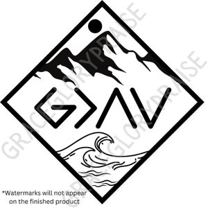May include: Black and white graphic design with a mountain range, a wave, and the text "G>A<V".