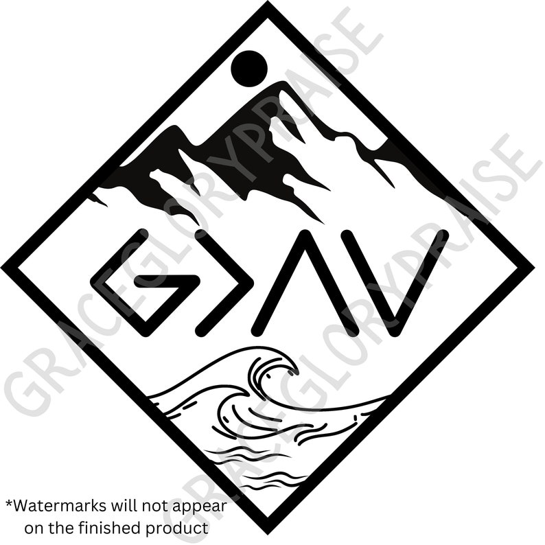 May include: Black and white graphic design with a mountain range, a wave, and the text "G>A<V".