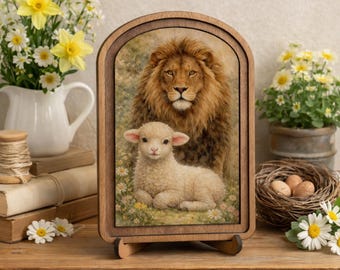 Lion and Lamb Christian Decor, Rustic Wood Shelf Sitter, Farmhouse Faith Tabletop Sign, Spring Religious Home Accent Gift, Rustic Christian