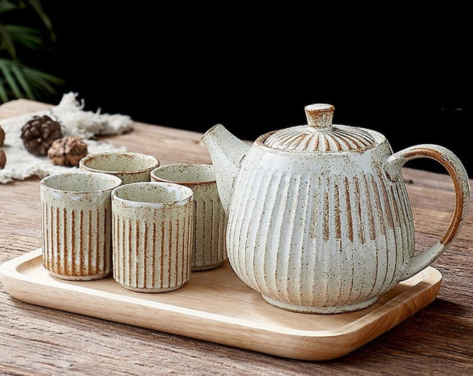 Stoneware retro tea set | White striped stoneware tea set | Retro tea set | Creative tea set | Afternoon tea set | Tea party tea set