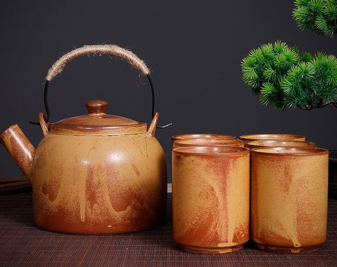Stoneware imitation firewood ceramic tea set | Retro ceramic tea set | Teapot | Tea party tea set | Afternoon tea set | Birthday gift