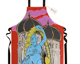 Küchenschürze, Kochschürze, bunt, Baumwolle, handgenäht, München, Oktoberfest, Wiesn, Illustration PopArt, Geschenk, Frauenkirche, Bavaria