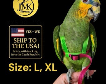 Papegaaientuigje – Origineel JMK – Maat L (600–1000g), XL (1000g+) – voor grote ara's en kaketoes – Handgemaakt, veilig en verstelbaar