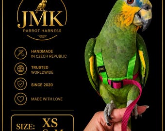 Papageiengeschirr – Original JMK – Handgefertigtes, verstellbares Geschirr – Größen XS, S, M – Sicher und komfortabel – 10 Farben