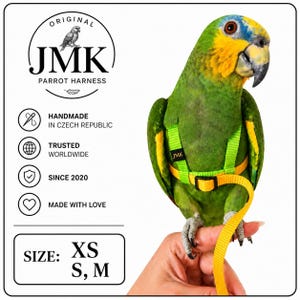 Parrot Harness-Original JMK- Handmade Adjustable Harness – Sizes XS, S, M – Safe & Comfortable – 10 Colors