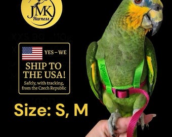 Arnés para loros – Original JMK, hecho a mano - Ajustable – Talla S (190–425g) y M (425–600g) – Para loros grises africanos, eclectus, amazonas, ¡sin nombre!