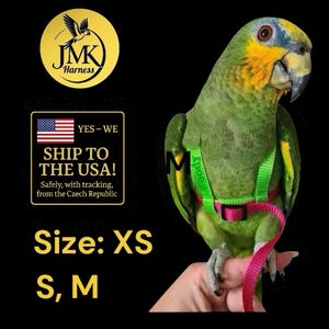 May include: A green parrot wearing a green and pink harness with a matching leash. The harness is designed for birds and is available in sizes XS, S, and M. The image includes the text "JMK Harness" and "Ship to the USA!"