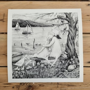 Impresión artística Giclée de sueños a la deriva. Dibujo de perro a pluma y tinta.