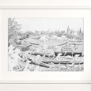May include: Black and white pencil drawing of a landscape scene, framed in a white border. The artwork depicts a river with boats, tents, and a cityscape in the background. The text "Devizes Westminster" is visible on a boat.