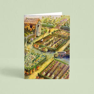 Könnte beinhalten: Eine Grußkarte mit einer Aquarellillustration einer Gartenszene. Das Bild zeigt mehrere erhöhte Gartenbeete mit verschiedenen Pflanzen, einen kleinen Schuppen und eine Schubkarre. Die Farbpalette umfasst Grün-, Gelb- und Brauntöne.
