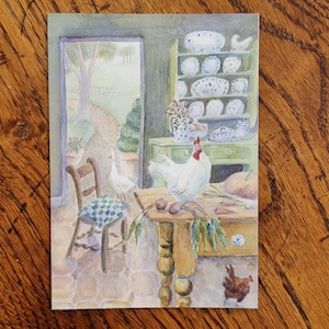 Cartão de saudação de galinha desenhado à mão – Arte de cozinha country – Cartão em branco rústico de fazenda – Ilustração de galinha cottagecore – Papelaria rural