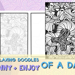 Peut inclure: Une page à colorier imprimable en noir et blanc avec un motif de gribouillis fantaisiste. Le gribouillis présente une variété de formes et de motifs abstraits. Le texte "Relaxing Doodles" est en haut de la page, et le texte "Funny + Enjoy Of A Day" est en bas de la page.
