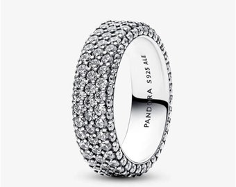 Bague intemporelle Pandora à trois rangs pavée, bague de mariage Pandora en argent sterling S925 compatible, bague à breloques, cadeau pour elle