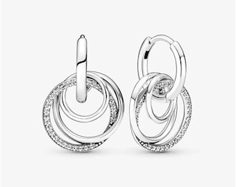 Orecchini in argento sterling Pandora a tre anelli S925, orecchini pendenti familiari sempre circondati, orecchini a cerchio minimalisti, regalo per lei