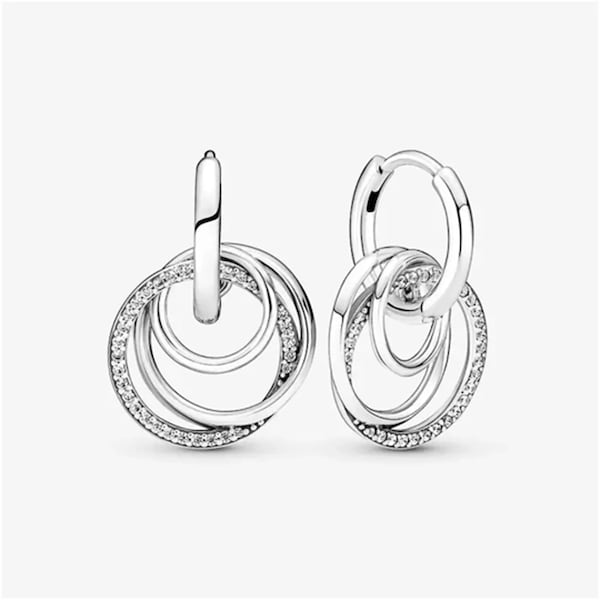 Pandora  Three-Ring S925 Sterling Silver Earrings, Family Always Encircled Pendant Earrings,Minimalist Hoop Earrings, Gift For Her
