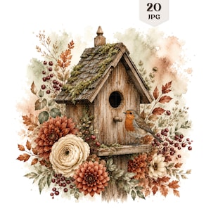 May include: A wooden birdhouse with a mossy roof, featuring a small robin perched on the ledge. The structure is surrounded by watercolor-style autumn foliage, including dark red dahlias, cream-colored flowers, and berry sprigs. Text reads 20 JPG.