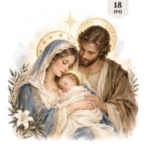 May include: A digital illustration of the Holy Family featuring a woman in a blue and white head covering, a man with a beard in a brown robe, and a sleeping infant wrapped in white cloth. Each figure has a golden halo, with white lilies and stars.
