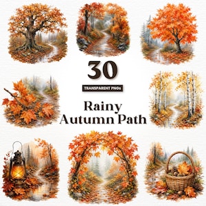 Könnte beinhalten: Eine Sammlung von 30 digitalen Illustrationen mit regnerischen Herbstpfaden, orangefarbenen Ahornbäumen, Waldwegen, einer leuchtenden Laterne und einem Weidenkorb voller Herbstblätter. Der Text lautet 30 TRANSPARENT PNGs Rainy Autumn Path.