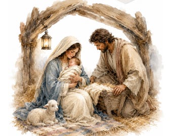 May include: A watercolor illustration of a nativity scene featuring a figure in a blue robe holding an infant, a figure in a tan robe kneeling by a wooden manger, a small white lamb, and a hanging lantern under a wooden structure. Text reads 20 JPG.