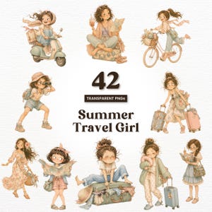 Könnte beinhalten: Eine Sammlung von 42 digitalen Illustrationen, die ein Mädchen in verschiedenen Reiseszenarien zeigen, darunter beim Rollerfahren, Radfahren, mit Fernglas und mit Gepäck. Der Text 42 TRANSPARENT PNGs Summer Travel Girl ist zentriert.