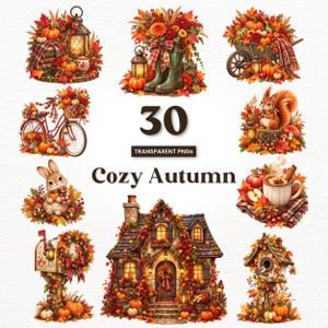 Könnte beinhalten: Eine Sammlung von 30 transparenten PNG-Dateien mit dem Titel Cozy Autumn, die saisonale Illustrationen mit Kürbissen, Herbstlaub, einem Fahrrad, einem Eichhörnchen, einem Kaninchen, einem Briefkasten, einem Haus und warmen Getränken zeigt.