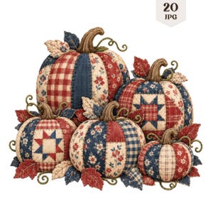 20 Quilted Pumpkin Clipart Bundle, Primitive Country Fall Patchwork JPG, Vintage Patriotic Autumn Fabric Graphic, Paper Craft, Junk Journal